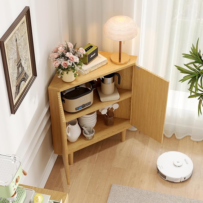 Fluted Floor Corner Kitchen Cabinet, Wooden Freestanding Cabinets Organizer - Image 5