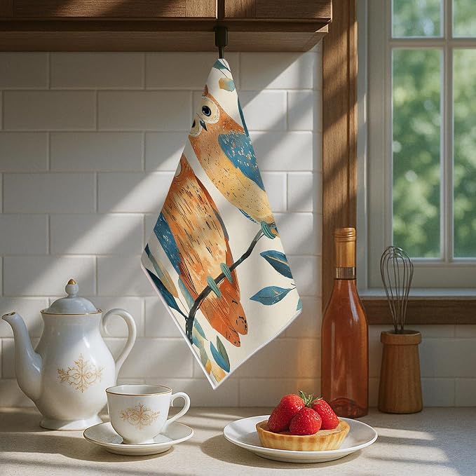 Owls Kitchen Towels Set of 2, Nature Fanciful Leaves Branches Fall Brown - Image 6