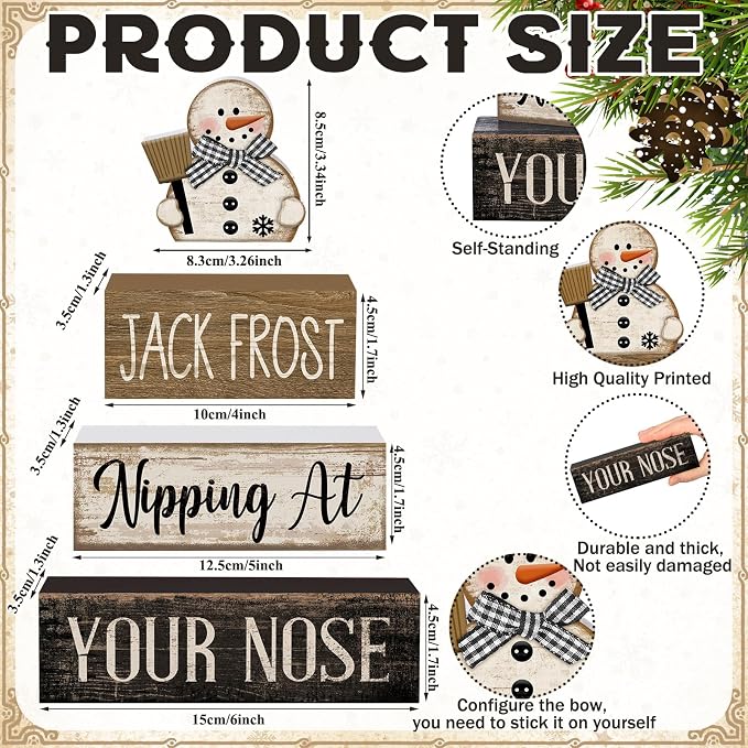 Moucuny 4 Pcs Winter Table Decor Wooden Snowman Black and White Winter Tiered - Image 4