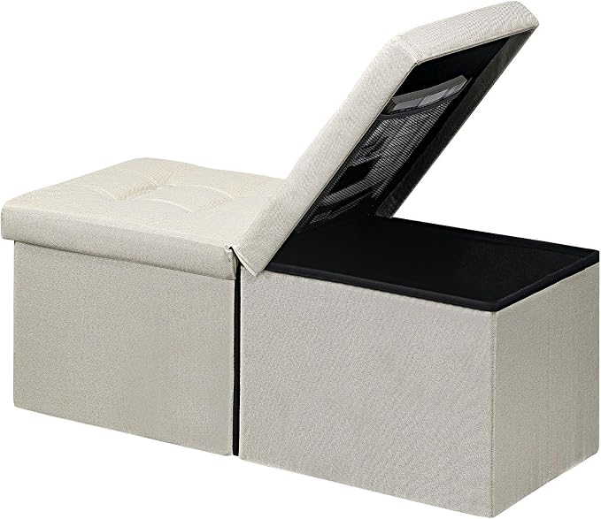 AmasSmile Storage Bench Folding Ottoman Foot Rest Stool, 34 inch Beige Linen by AmasSmile