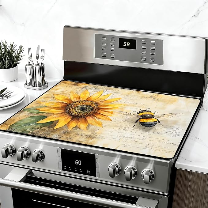 28"x20" Anti-Slip Electric Stove Top Cover Sunflower-Bee Foldable by seewan