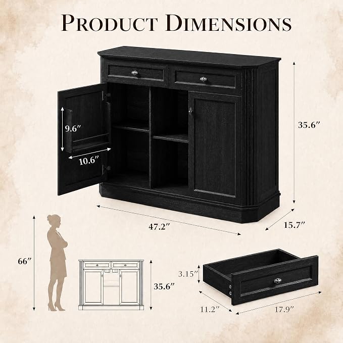 Black Coffee Bar with 2 Drawers & 2 Doors, LED Wine Bar Cabinet with Wine - Image 3