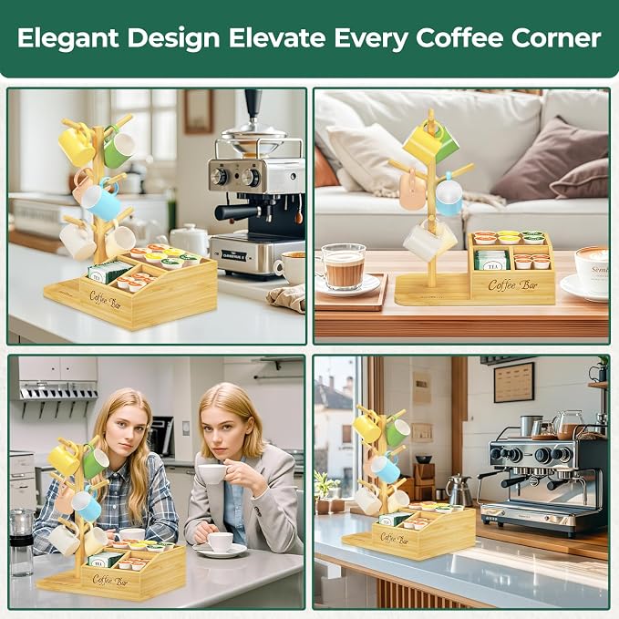 EsLuker.ly Mug Tree Holder Stand, Countertop Bamboo Coffee Cup Organizer Rack - Image 7