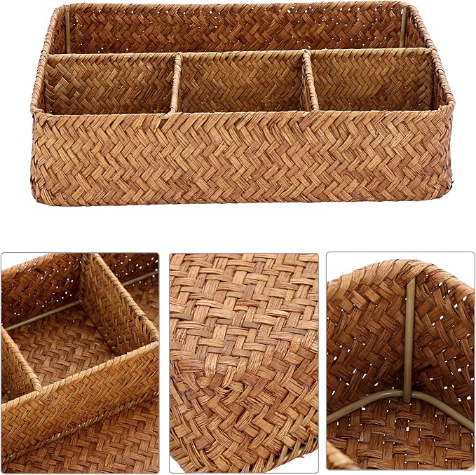 Hipiwe Tea Bag Sugar Packet Holder Woven Seagrass Storage Basket 4 Sections - Image 3