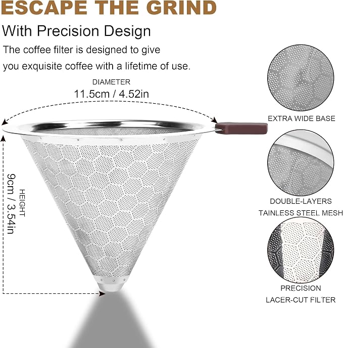 Reusable Stainless Steel Pour Over Coffee Filter Cone, Dual-Mesh Metal Dripper - Image 5