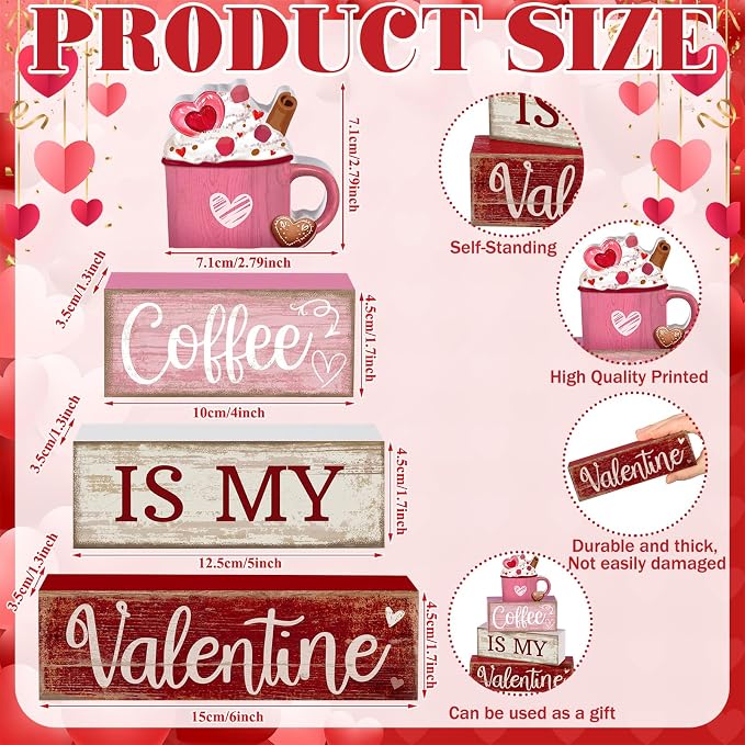 Lineshading 4 Pcs Valentine's Day Table Decor Wooden Cocoa Decoration - Image 4