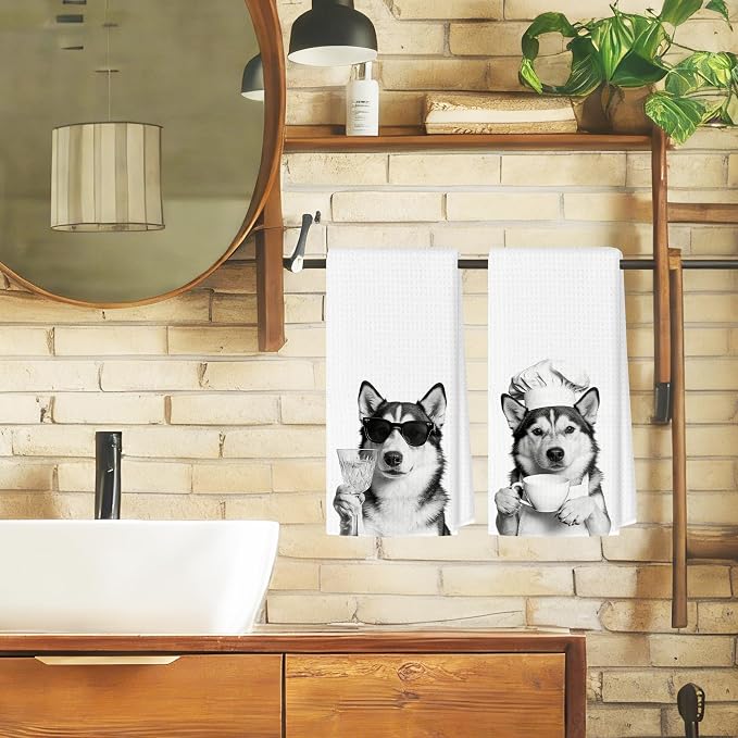 Funny Husky Kitchen Towels Set of 2, Dog Kitchen Bar Accessories, Dog Chef Gifts - Image 4