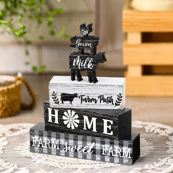Geelin 4 Pcs Farmhouse Kitchen Signs Cow Rooster and Pig Decors Rustic Wooden - Image 5