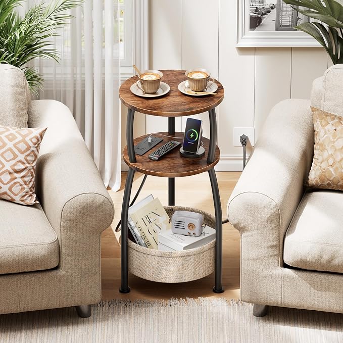 Side Table with Charging Station, Small Round End Table with Basket, USB and - Image 7