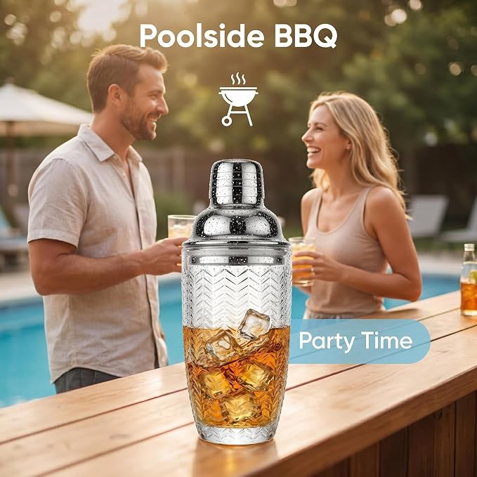 V-Cut Glass Cocktail Shaker 15oz | Leakproof, Stainless Lid, Upgrated Silicone - Image 3
