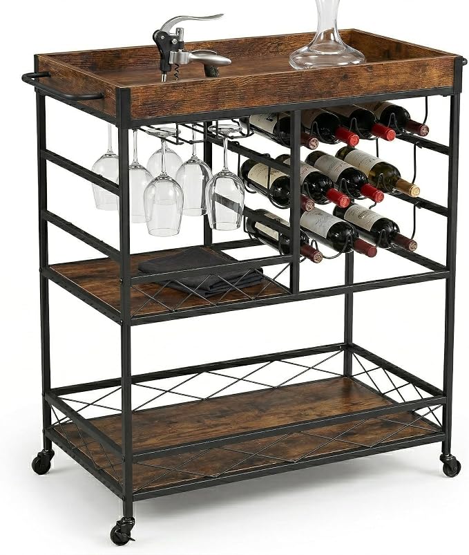 Elmonte Wine & Bar Cart with Wheels – 3-Tier Rolling Cart with 12-Bottle Rack & by Unknown