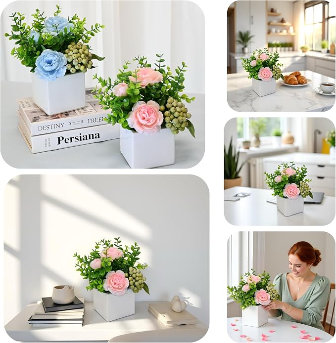 Pink Artificial Rose Eucalyptus Berry Faux Floral Table Home Bathroom Decor | - Image 7