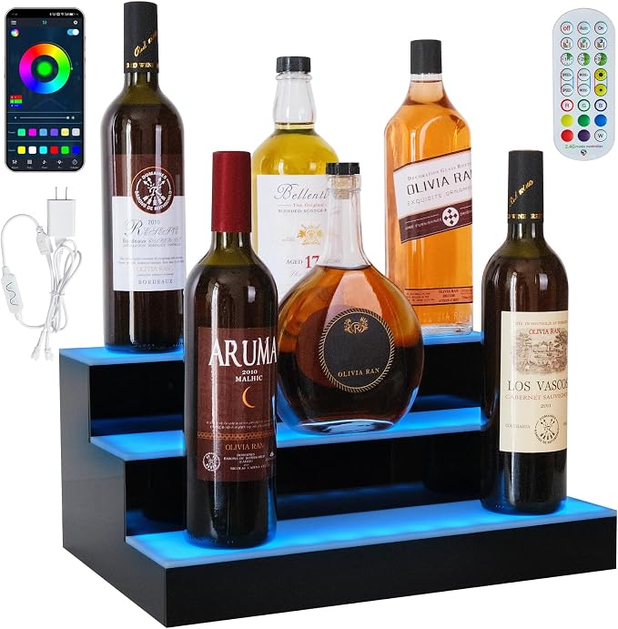 LED Lighted Liquor Bottle Display Shelf, 3Tiers 16Inch Bar Bottle Display Shelf by ClarityCraze