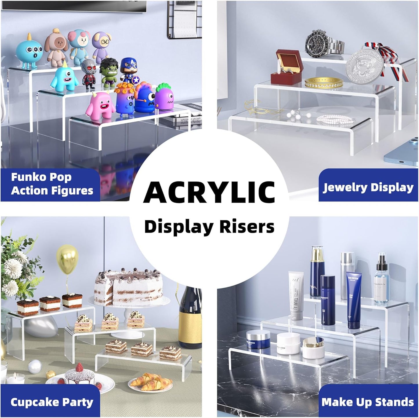 Goabroa Acrylic Display Risers, 2 Sets 6 Pcs Rectangular Risers Display Stands, 4mm Thick Display Stands for Vendor Events, Acrylic Shelves for Lego Display, Cupcake, Perfume