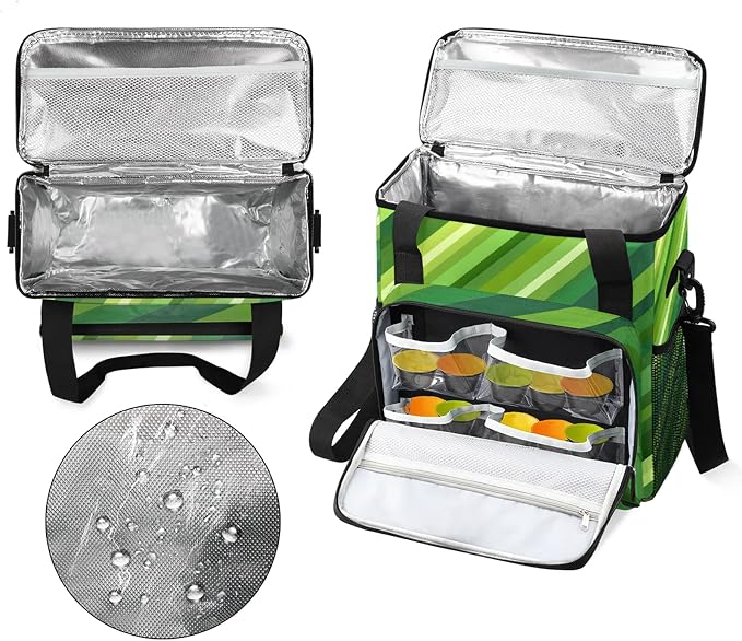 Green Coffee Maker Travel Bag, Stripes Insulated Grocery Bag Travel Picnic - Image 3