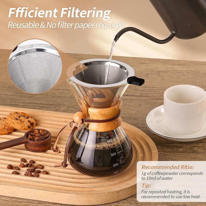Pour Over Coffee Maker 14 OZ, 4 Cup Borosilicate Glass Drip Coffee Maker - Image 4