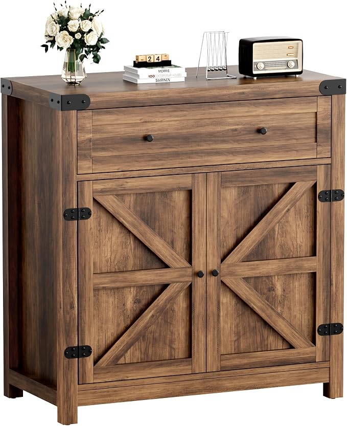 YESHOMY Coffee Bar and Accent Cabinet, Farmhouse Barn Door Buffet Sideboard by SearchallYESHOMY