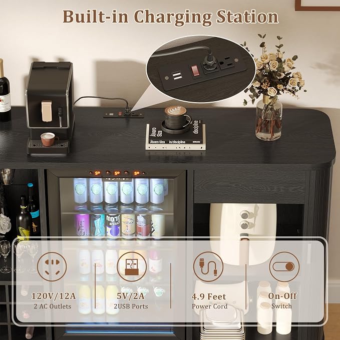 Coffee Bar Cabinet with Fridge Space, Liquor Wine Bar Cabinets with Wine Rack - Image 7