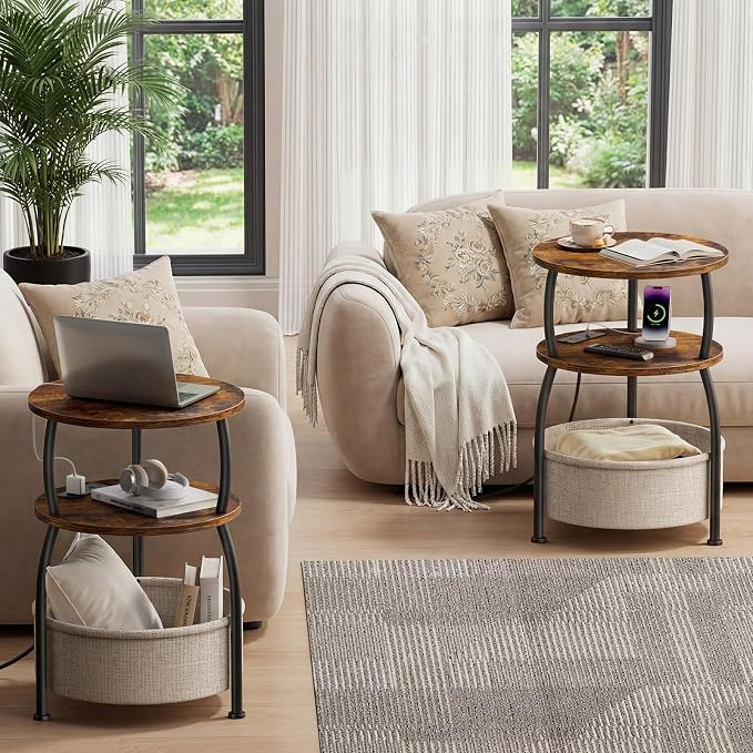 Round Side Table with Charging Station, USB Type C Port, 3 Tiers Sofa Couch - Image 2