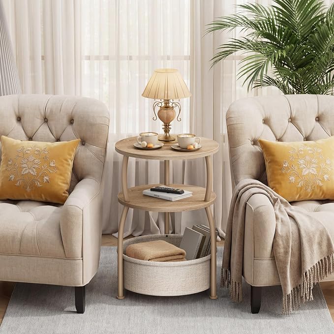 Round Side Table with Storage Basket, End Table Living Room | 3-Tier Bedside - Image 5