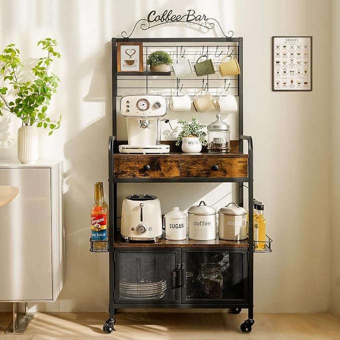Rolling Coffee Bar Cart for Small Spaces, Coffee Station Cabinet by Filano