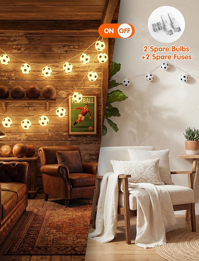 SUNSGNE Soccer String Lights Plug in, 8.5FT 10 LED Warm White Football Ball - Image 6