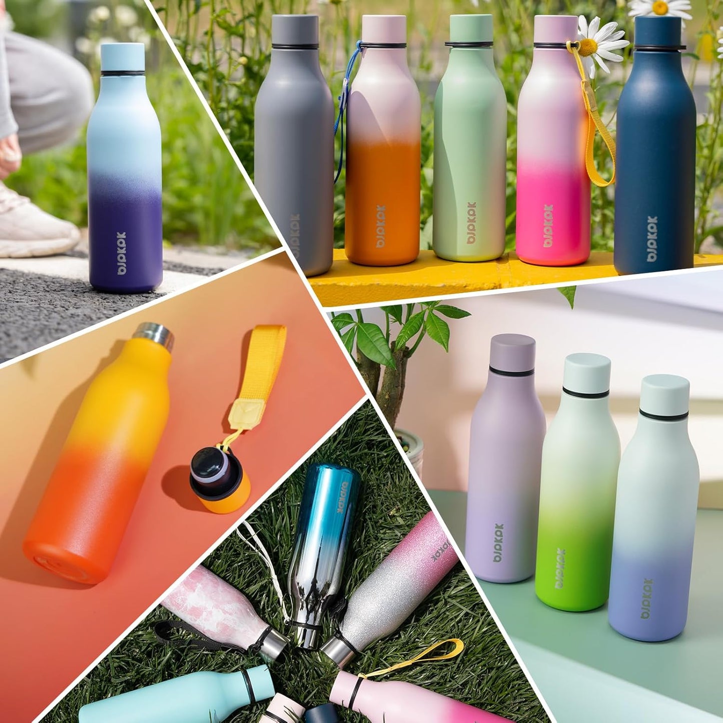 BJPKPK Insulated Water Bottles, 18 oz Stainless Steel Metal Water Bottle with Strap, BPA Free Leak Proof Thermos, Mugs, Flasks, Reusable Water Bottle for Sports & Travel, Sunset Orange