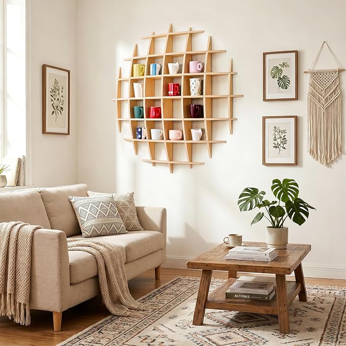 46" x46"Oversize Wooden Coffee Mug Display Shelf, Rustic Wooden Floating Curio - Image 6