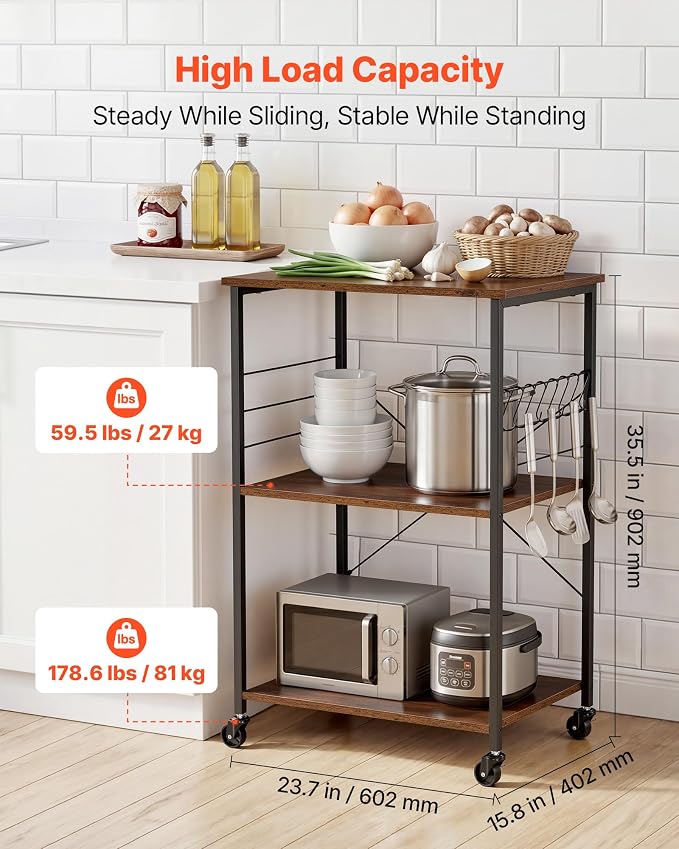 VEVOR Kitchen Utility Cart, 3 Tier 23.7 in Microwave Stand Coffee Cart - Image 3