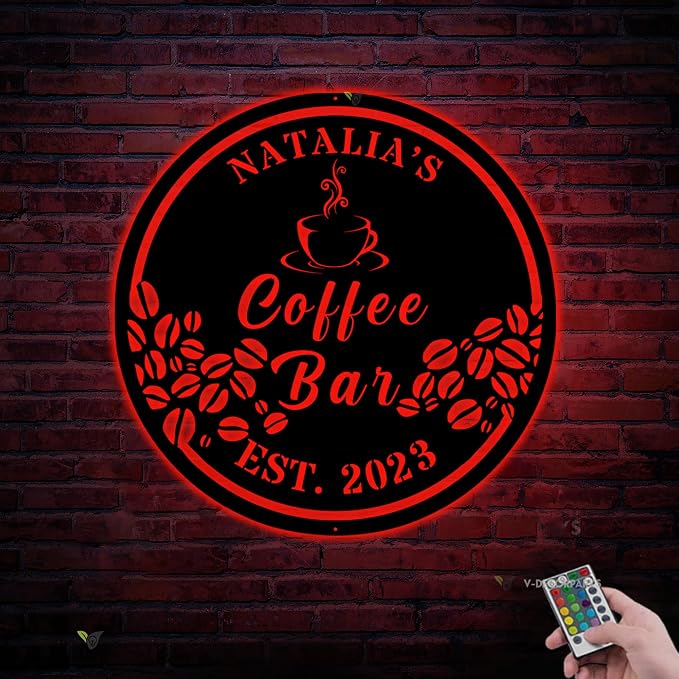 Coffee Bar Metal Wall Art LED Lights, Coffee Lover LED Custom Name Sign - Image 3