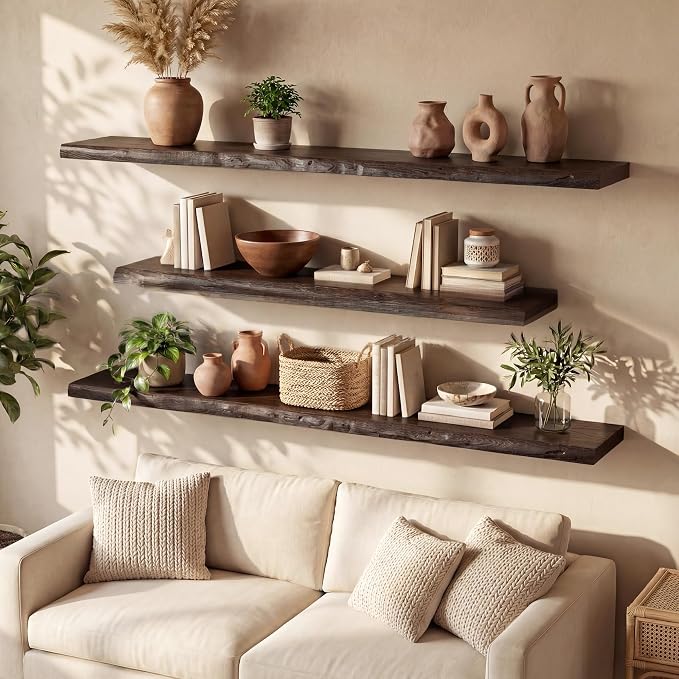 48" Solid Elm Wood Floating Shelf, 9.3" Deep 1.4" Thick Live Edge Wall Shelf - Image 6