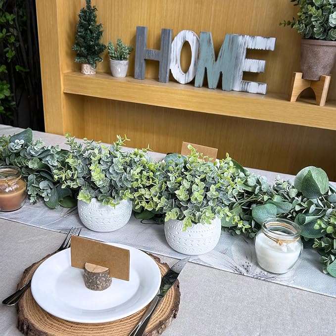 Winlyn Set of 2 Small Artificial Potted Plants Faux Eucalyptus Plant in White - Image 9