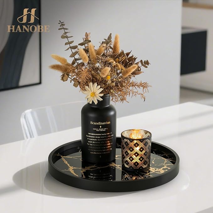 Hanobe Decorative Tray for Home Decor: Black Imitation Marble Round Serving - Image 8