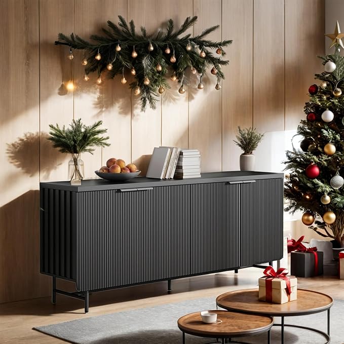SAINTCY 68" Black Fluted Sideboard Cabinet, Buffet Cabinet by SAINTCY