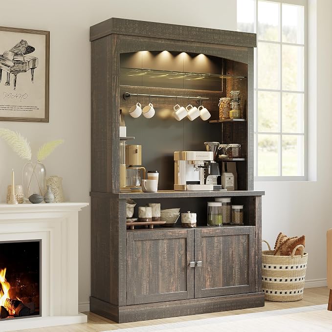 Takywep Tall Coffee Hutch with LED Lights Tall CoffeeBar Cabinet Farmhouse by HOME
