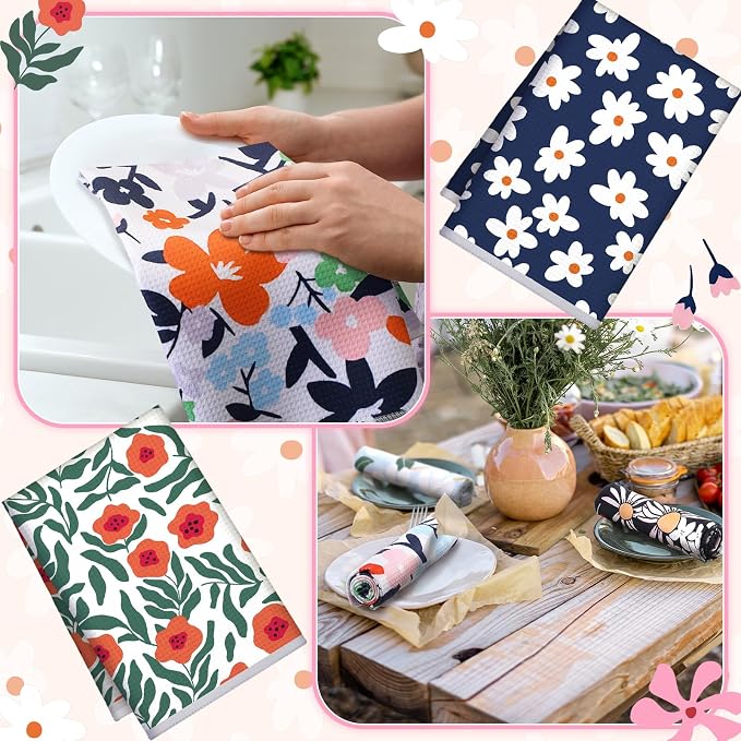 Boyiee Set of 6 Spring Waffle Kitchen Towels Floral Waffle Weave Tea Dish - Image 3