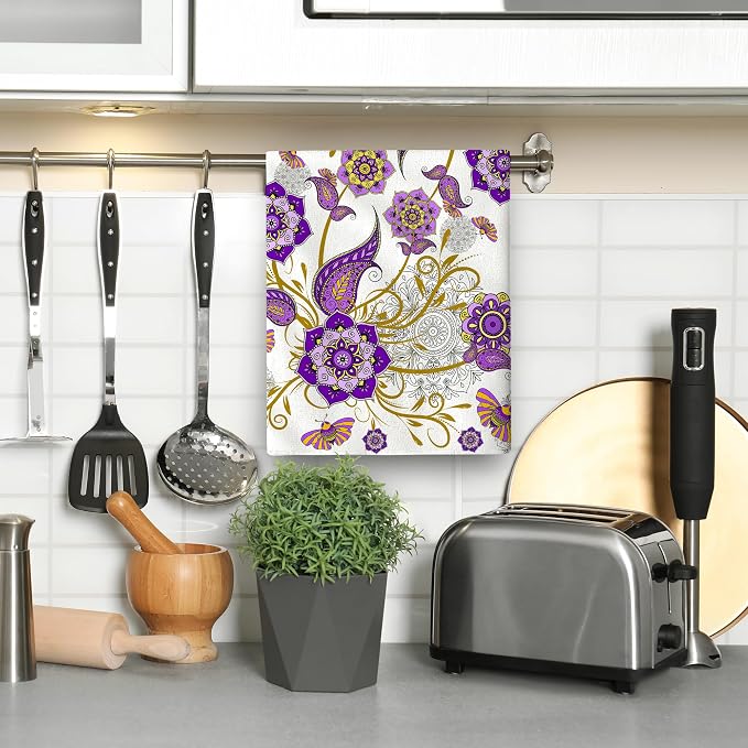Purple Kitchen Towels Set of 2, Boho Floral Dish Towel - Image 4
