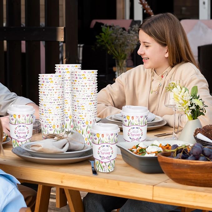 Whaline 50 Pcs Spring Tulip Floral Disposable Coffee Cups - Image 6