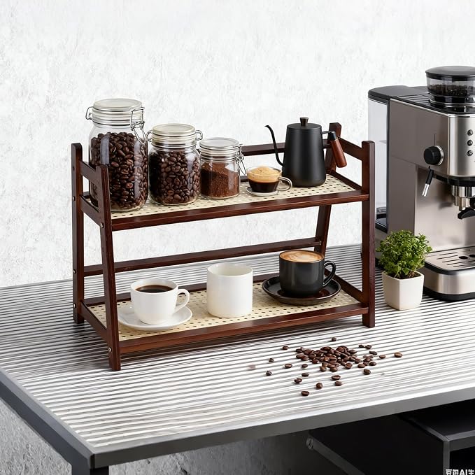 Bamboo Cup Shelf Organizer, 2-Tier Mug Holder Countertop, Matcha Stand Tea by Unknown