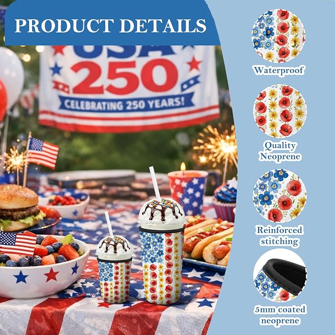 3 Pack 250th Anniversary USA Patriotic Reusable Insulated Neoprene Iced Coffee - Image 4