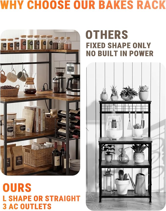 L-Shaped Bakers Rack with Power Outlet, 4-Tier Corner Kitchen Shelf, Microwave - Image 8