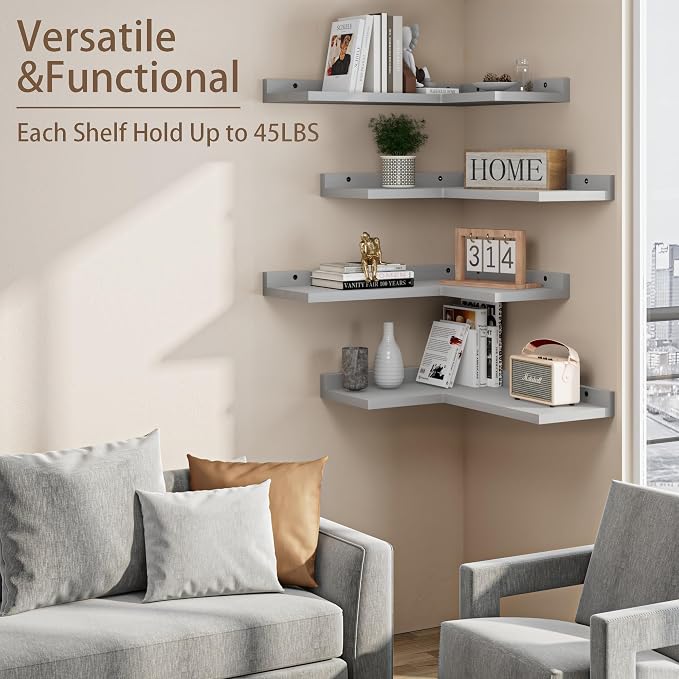 4 Tier Floating Corner Shelves Grey Set of 4, Rustic Pine Wooden Floating - Image 4