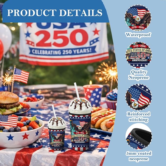 3 Pack Reusable Insulated Neoprene Iced Coffee Cup Sleeve 250th Anniversary USA - Image 4