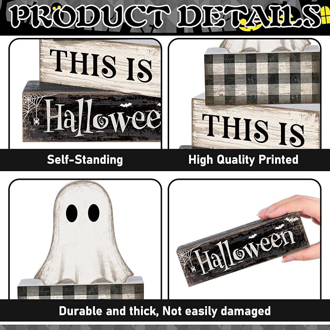 Lineshading 4 Pcs Ghost Halloween Decor Black and White Halloween Tiered Tray - Image 4