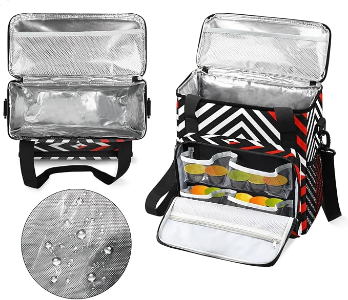 Black White and Red Coffee Maker Travel Bag, Striped Insulated Grocery Bag - Image 3