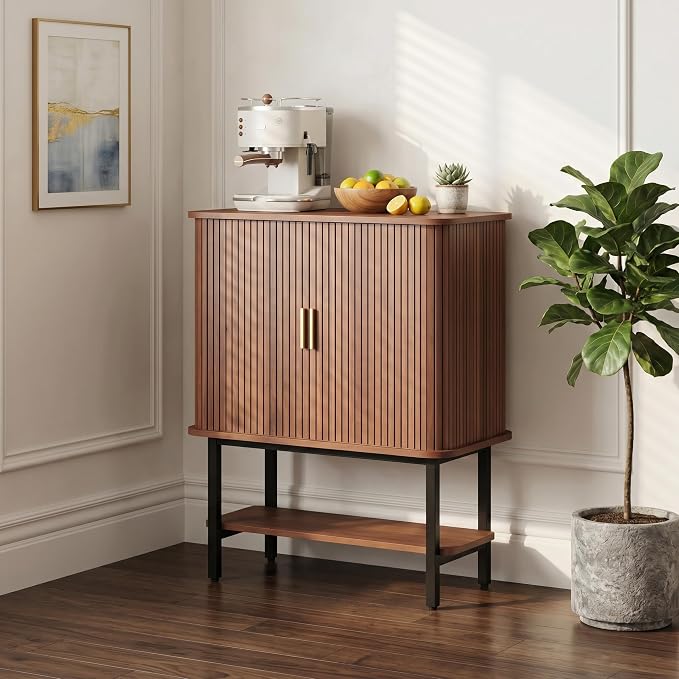 Wine Cabinet with Storage, Liquor Cabinet with Sliding Doors & Open Wine Rack by LMSXG-MZ