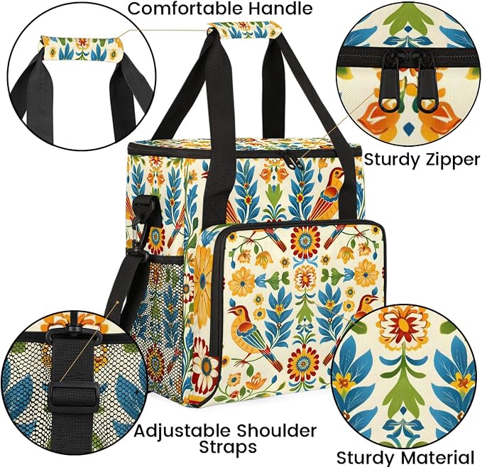 Mexican Bird Floral Coffee Maker Carring Bag, Large Insulated Storage Organizer - Image 6