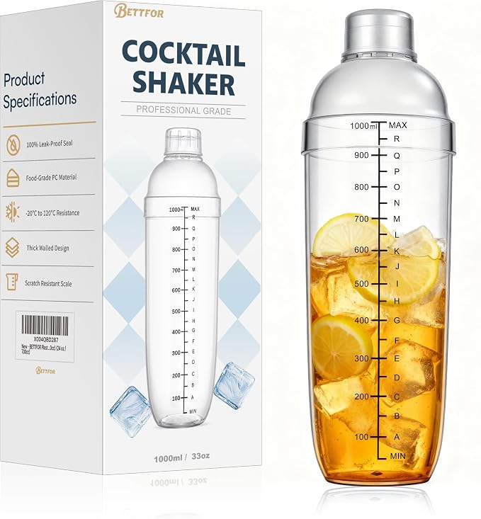 Plastic Cocktail Shaker with Measuring Scale 33oz, Leak-Proof & by BETTFOR