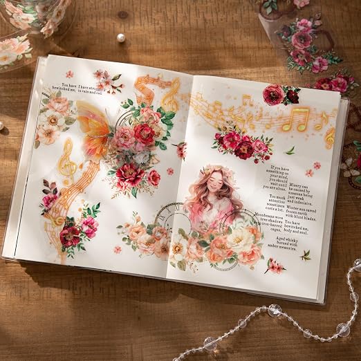 PET Tape Stickers Set with Metal Clip, 4 Rolls Precut Floral Music Decorative - Image 7