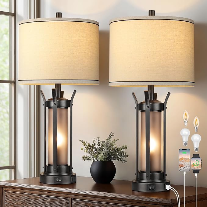 QiMH 26" Table Lamps Set of 2, Rustic Bedside Lamps by Qimh